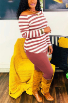 Wine Red Fashion Casual Striped Print Basic O Neck Long Sleeve Two Pieces