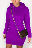 purple Street Cap Sleeve Long Sleeves Hooded Step Skirt Knee-Length Solid
