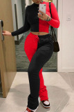 Black and red Casual Solid Patchwork Turtleneck Long Sleeve Two Pieces
