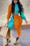 Orange Fashion Casual Patchwork Print Split Joint Hooded Collar Long Sleeve Two Pieces