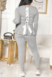 Grey Fashion Casual Solid Strap Design O Neck Long Sleeve Two Pieces