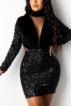 Black Sexy Adult Solid Sequins Split Joint O Neck Pencil Skirt Dresses