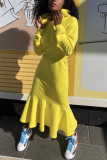 Yellow Fashion Casual Solid Basic Hooded Collar Long Sleeve Dress