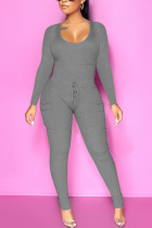 Grey Sexy Solid O Neck Skinny Jumpsuits