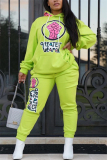 Apple Green Fashion Casual Print Basic Hooded Collar Long Sleeve Two Pieces