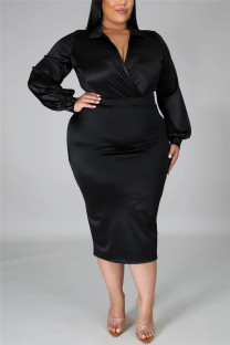 Black Fashion Sexy Solid Basic Turndown Collar Plus Size Set