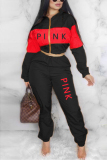 Rose Red Casual Sportswear Long Sleeve Zipper Collar Regular Sleeve Short Letter Print Two Pieces