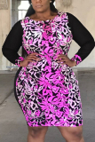 Pink Fashion Casual Patchwork Patchwork O Neck Plus Size Long Sleeve Dress