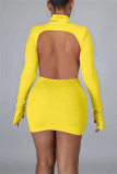 Yellow Fashion Sexy Solid Backless Turtleneck Long Sleeve Dress Dresses