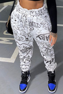 White Casual Print Loose Bottoms