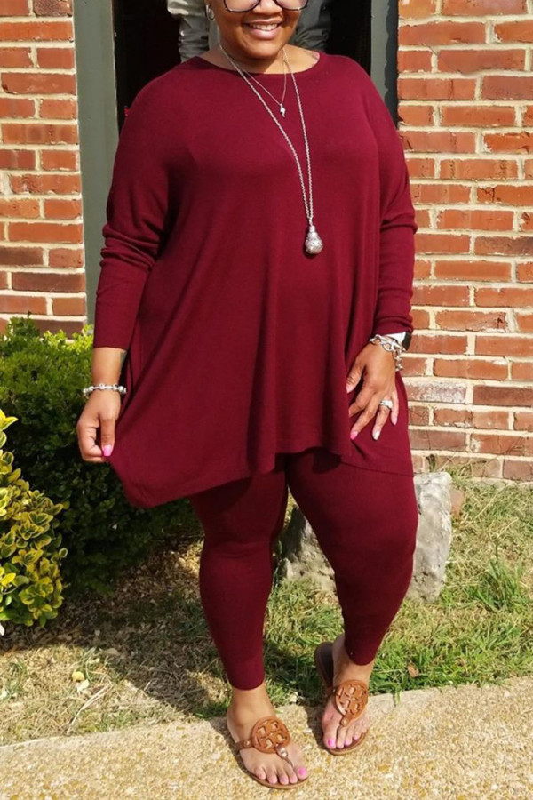 Wine Red Fashion Casual O Neck Long Sleeve Regular Sleeve Solid Plus Size Set