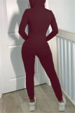 Wine Red Casual Sportswear Solid Basic Hooded Collar Long Sleeve Two Pieces