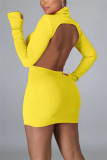 Yellow Fashion Sexy Solid Backless Turtleneck Long Sleeve Dress Dresses