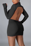 Black Fashion Sexy Solid Backless Turtleneck Long Sleeve Dress Dresses