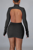 Black Fashion Sexy Solid Backless Turtleneck Long Sleeve Dress Dresses