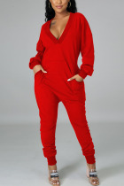 Red Sexy Solid Pocket V Neck Straight Jumpsuits