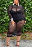 Black Solid Fold O Neck Long Sleeve Dress Plus Size 