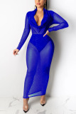 Blue Sexy Solid Sequins Split Joint O Neck Wrapped Skirt Dresses