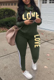 Army Green Fashion Casual Turtleneck Long Sleeve Regular Sleeve Letter Print Plus Size Set