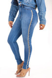 Blue Fashion Casual Solid Patchwork Mid Waist Skinny Jeans
