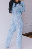 Baby Blue Fashion Casual Print Cardigan Turndown Collar Long Sleeve Regular Denim Coats