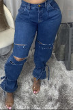 Dark Blue Fashion Casual Solid Ripped Mid Waist Regular Jeans