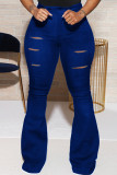 Blue Fashion Casual Solid Ripped Regular Trousers