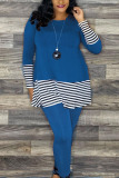 Deep Blue Casual Striped Patchwork O Neck Long Sleeve Two Pieces