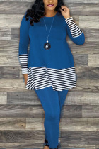 Blue Casual Striped Patchwork O Neck Long Sleeve Two Pieces