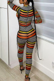multicolor Fashion Casual Striped Print Basic O Neck Skinny Jumpsuits
