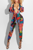 multicolor Fashion Sexy Print Hollowed Out V Neck Skinny Jumpsuits
