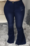Blue Fashion Sexy Solid Mid Waist Broken Hole Jeans
