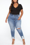 Baby Blue Fashion Sexy Solid Ripped Plus Size Jeans