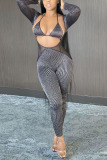 Black Sexy Solid See-through Regular Jumpsuits