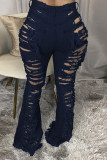 Blue Fashion Sexy Solid Mid Waist Broken Hole Jeans