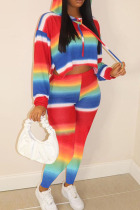 Rainbow color Casual Striped Hooded Collar Long Sleeve Two Pieces