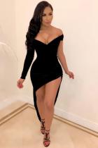 Black Sexy adult Fashion Cap Sleeve Long Sleeves V Neck Asymmetrical Ankle-Length Solid asymmetr