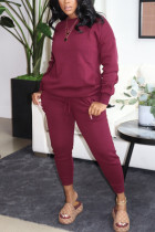 Wine Red Fashion Casual Solid Basic O Neck Long Sleeve Two Pieces