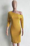Yellow Fashion Sexy One Shoulder Long Sleeves One word collar Step Skirt Knee-Length Solid Casual Dresses