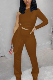 Dark Brown Fashion Casual Solid Strap Design Oblique Collar Long Sleeve Single Sleeve Short Two Pieces