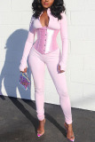 Pink Fashion Casual Zipper Collar Long Sleeve Regular Sleeve Skinny Solid Jumpsuits