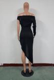 Black Sexy adult Fashion Cap Sleeve Long Sleeves V Neck Asymmetrical Ankle-Length Solid asymmetr