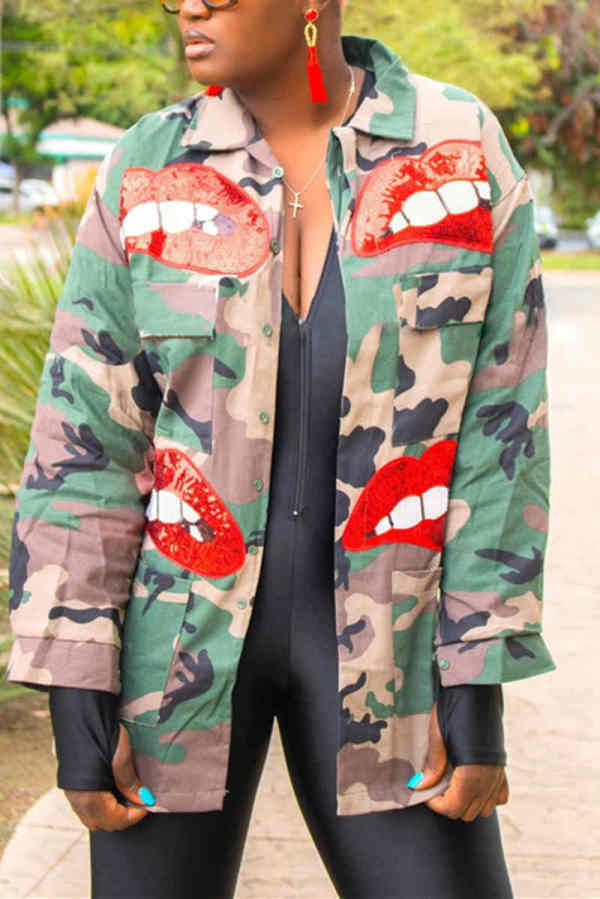 Camouflage Fashion Casual Camouflage Print Sequins Split Joint Turndown Collar Plus Size Coats