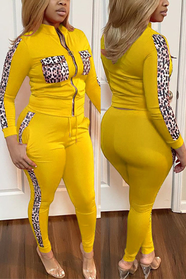Yellow Sexy Print Patchwork Turndown Collar Plus Size