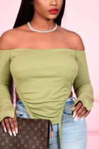Army Green Sexy Solid Bandage Bateau Neck Tops