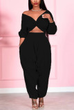 Black Sexy Casual Solid Basic V Neck Long Sleeve Two Pieces