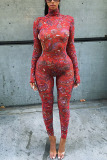 Red Sexy Print Hollowed Out Tie-dye Regular Jumpsuits