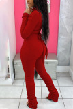 Red Casual Solid Bandage O Neck Long Sleeve Two Pieces