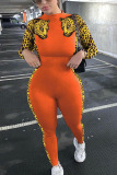 tangerine Sexy Print O Neck Regular Jumpsuits