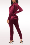 Wine Red Casual Solid Split Joint O Neck Long Sleeve Two Pieces